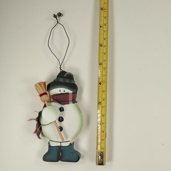 Wooden Winter Snowman Country Rustic 4.5" Ornament w/ Fabric Scarf & Stick Broom - Picture 3 of 3